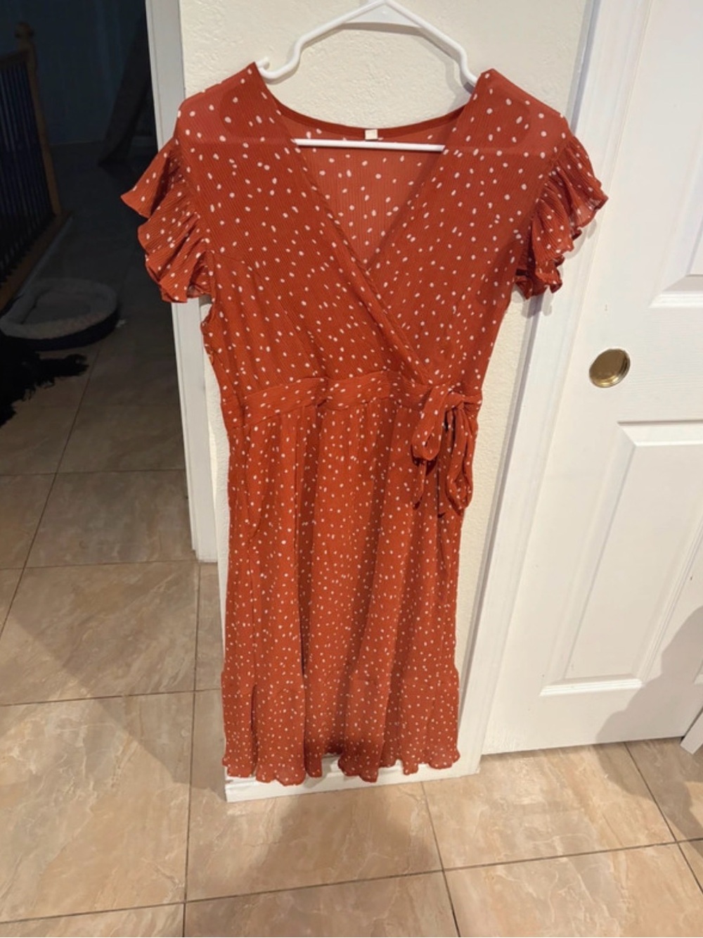 Rust Polka Dot Wrap Midi Dress with Tie Waist